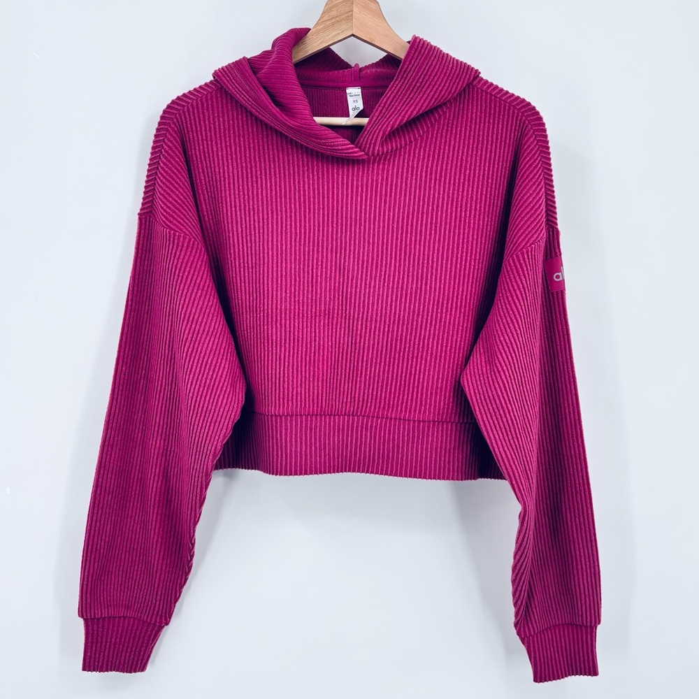 ALO Yoga muse ribbed cropped hoodie raspberry Sorbet XS athleisure - Picture 2 of 9